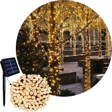 Imagem de Pisca Varal Cordão de Natal Pisca 100 Lâmpadas LED Energia Solar Resistente à Água Amarelo