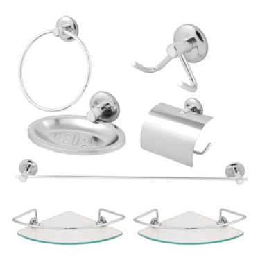 Imagem de Kit de Acessórios para Banheiro Lavabo com Porta Shampoo Canto Parafusação Dupla Inox OEM