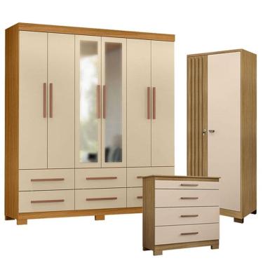 Imagem de Guarda Roupa Casal New Kansas com Espelho com Cômoda 4 Gavetas New e Armário Multiuso V...