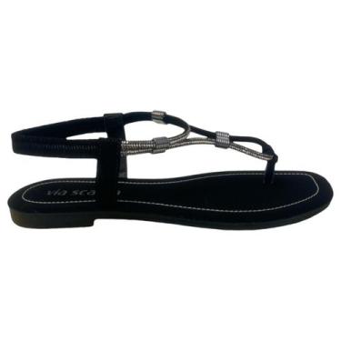 Imagem de Sandália Via Scarpa Rasteira Flat Tiras Strass, Nobuck preto, 35
