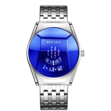 Imagem de Relógio Masculino Luxo Bestwin Aço Inox Importado, Prata/Azul
