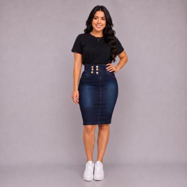 Imagem de Saias Jeans Curta botão barata Evangelica curta - Erase, Azul, 46