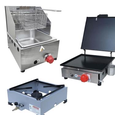 Imagem de Kit Lanchonete Fogão Portátil 1 Boca + Chapa 30cm Prensa e Fritadeira Profissional 1 Cuba Alcamar