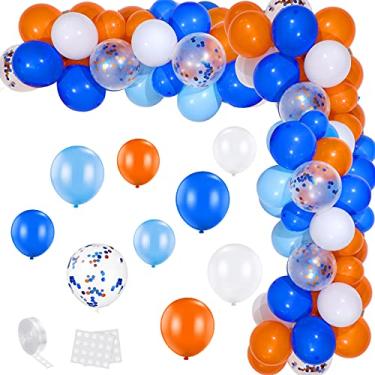 Imagem de Kit de guirlanda de balões laranja e azul, 110 peças, balão de festa de guerra de dardos de 25,4 cm, balões de látex laranja azul branco, 30,4 cm, balões de confete laranja azul para crianças, placa alvo, artigos de festa de aniversário