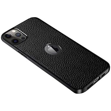 Imagem de HAODEE Capa traseira de telefone de couro, para Apple iPhone 12 Pro Max (2020) Capa protetora à prova de choque antiderrapante com padrão de lichia de 6,7 polegadas [Proteção de tela e câmera] (Cor: Preto)