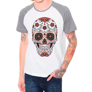 Imagem de Camiseta Raglan Caveira Mexicana Skull Cinza Branca Masculina03 - Desi