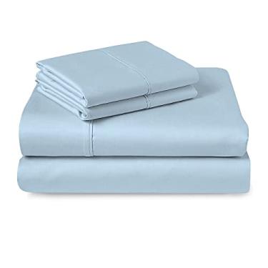 Imagem de Pizuna Jogo de lencol solteiro 3 pecas algodao Azul Céu, 400 fios de algodão 100% sateen de fibra longa conjunto lençol solteiro