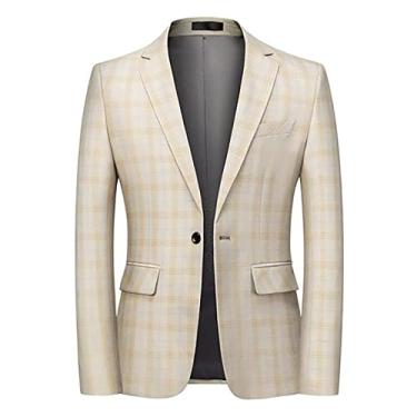 Imagem de Blazer masculino primavera casual xadrez poliéster slim terno jaqueta formal negócios jantar casacos clássico chique um botão manga comprida, bege, GG (busto: 102 cm)