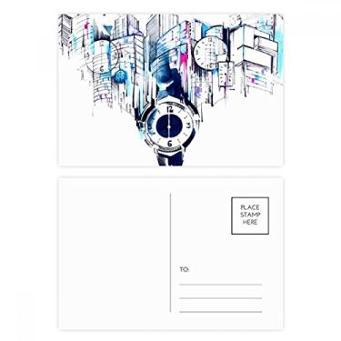 Imagem de Relógio de construção moderno da cidade em aquarela, cartão de felicitações de aniversário