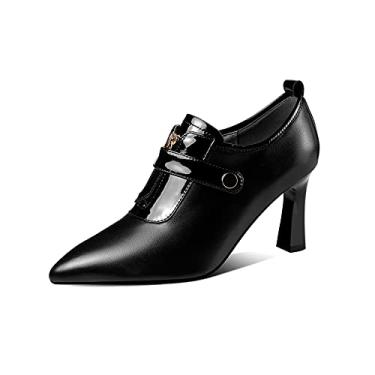 Imagem de TinaCus Sapato feminino feito à mão de couro genuíno sexy salto alto bico fino Oxfords com zíper frontal e decoração de botão, Preto, 8.5