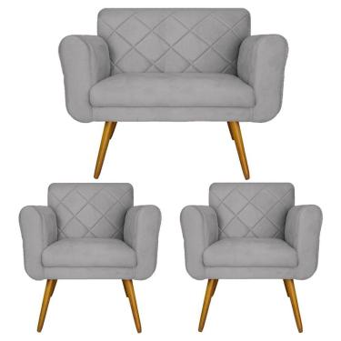 Imagem de Jogo Namoradeira e 2 Poltrona Decorativa Para Recepção Isabella Suede Cinza - LM DECOR