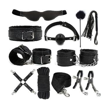Imagem de Kits Para Casais Algemas Jogos Sexuais Chicote Mordaça Colarinho Brinquedos Sexuais Casal (Preto)