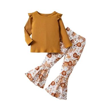 Imagem de Floerns Conjunto de 2 peças de camiseta de malha lisa e calça flare com estampa floral, Amarelo e laranja, 6Y