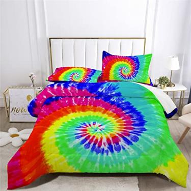 Imagem de Conjunto de edredom hippie moderno com decoração psicodélica Tie-dye em um saco, 7 peças, incluindo 1 lençol com elástico + 1 edredom + 4 fronhas + 1 lençol de cima (D, cama queen em uma bolsa - 7