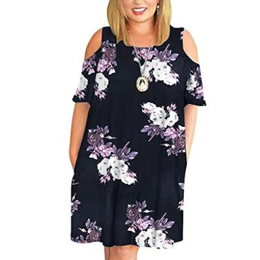 Imagem de Kancystore Vestido feminino plus size, manga curta, ombro vazado, casual, rodado, com bolsos, Preto, roxo, 3G