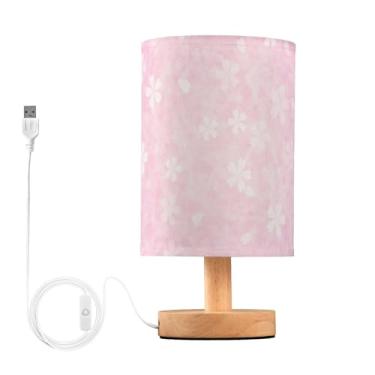Imagem de KLL Abajur de mesa para escritório, mesa de cabeceira branca de flor rosa com sombra de tecido e portas USB, base de madeira, lâmpadas de mesa para escritório em casa, sala de estar, mesa de
