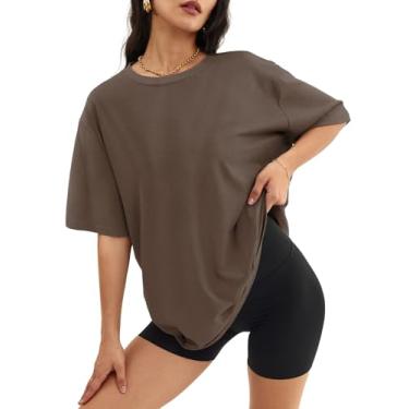 Imagem de ATHMILE Camisetas femininas grandes ajuste solto gola redonda manga curta blusa casual verão Y2K 2024 camiseta básica, Marrom, P