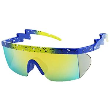 Imagem de ShadyVEU Óculos de sol semi sem aro neon arco-íris lente espelhada proteção UV 80s retrô rave Shades torto braço ziguezague parafuso, Armação azul e amarela/lente jade, Large