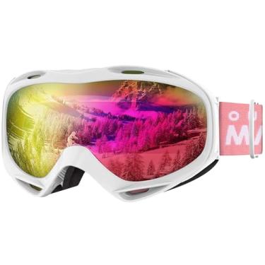 Imagem de Óculos de esqui e snowboard OutdoorMaster sobre os óculos (OTG), para homens, mulheres e jovens, 100% de proteção UV (armação branca + lente rosa com VLT de 13,5% e REVO rosa completo)