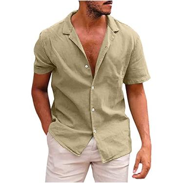 Imagem de Camiseta masculina outono verão manga curta longa linho básico camiseta masculina 2024, L-854 cáqui, M