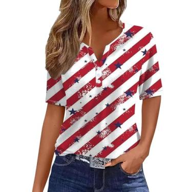 Imagem de Camiseta feminina bandeira americana Dia da Independência Patriótica Top 4th of July Star Stripe Graphic Blusa gola V Button Down Túnica, Vermelho, G