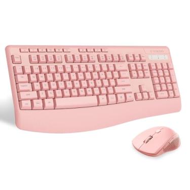 Imagem de Combo de teclado e mouse sem fio, teclado E-YOOSO 2,4 GHz ergonômico sem fio com descanso de pulso, 3 DPI ajustáveis e 6 botões mouse USB sem fio para computador, laptop, PC, Windows (rosa)