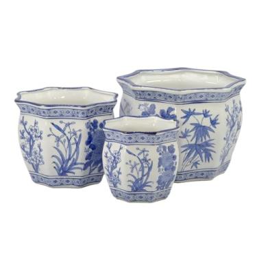Imagem de Galt International Conjunto de 3 vasos de flores de cerâmica de porcelana de lótus de palmeira floral canelada, azul e branco, conjunto de 3 vasos de jardim (19 cm, 25 cm, 33 cm) com design chinês