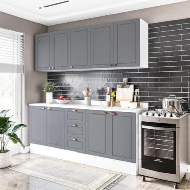 Imagem de Cozinha Pérola com Rodapé e Tampo Aéreos com 5 Portas, Balcão 2 Gavetas 3 Portas e Balcão 2 Portas Y Branco/Cinza