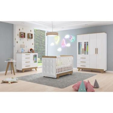 Imagem de Quarto Completo Bebê Moveis Peroba Retro com capitonê 100% MDF Branco 