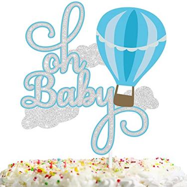 Imagem de Blue Glitter Oh Baby Cake Topper Hot Air Balloon Travel Theme Decor Supplies Baby Shower Boys Girls Happy Birthday Weeding Anniversary Party Decorations