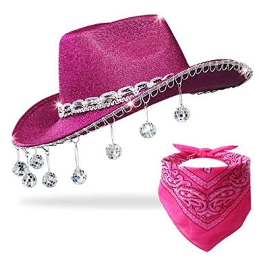 Imagem de JIANGLAI Chapéu de cowboy rosa discoteca com bandana, bola de discoteca de strass com glitter, chapéu de cowboy para mulheres e homens, fantasia cosplay, rosa, G