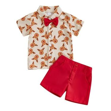 Imagem de Adokioths Conjunto de roupas infantis de verão com estampa de coelhinho com botões + shorts, Roupa de Natal para bebês de veado, 18-24 Meses