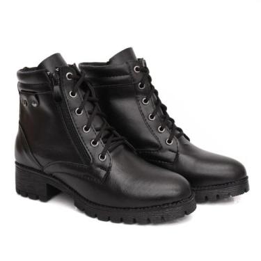 Imagem de Bota Coturno Feminino Tratorado Preto Casual Zíper Lateral Confort Fle