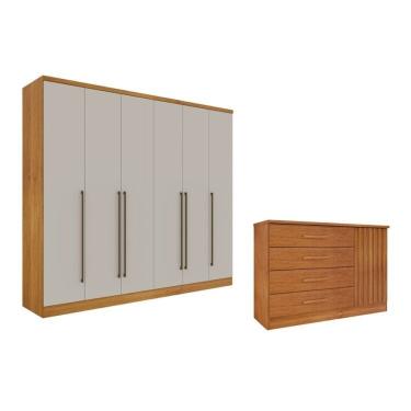 Imagem de Guarda-Roupa 6 Portas Portugal E Cômoda 4 Gavetas Ripado Espresso Móveis Cinamomo/Off White