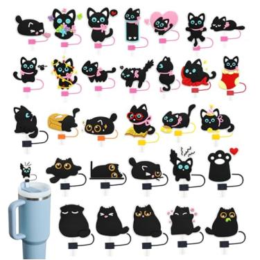 Imagem de Pacote com 30 tampas de palha de gato preto para copos, 10 mm bonito topo de palha à prova de poeira para garrafas de água Stanley copos acessórios presentes para mulheres lembrancinhas de festa