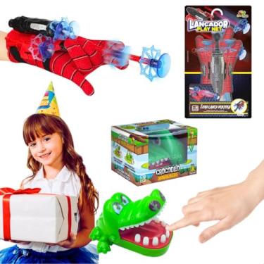 Imagem de Kit 2 jogos de tabuleiro infantil educativos crocodilo morde dedo + Luva aranha Lançador de Dardos Ventosa lança teia presente dia das criança infantil menino natal aniversario