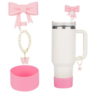 Imagem de Conjunto de capa de canudo de laço de 3 peças para copo Stanley: capa de palha de laço fofo, bota de silicone, corrente de charme para copo de 30/1,134 g com alça - rosa