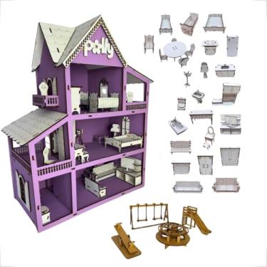 Imagem de Kit Casa Casinha de Bonecas em Mdf Pintado Roxo com Parquinho e 30 Mini Móveis