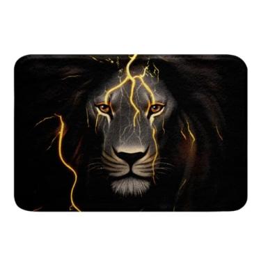 Imagem de Tapetes de banho de animais – 40,6 x 61 cm, padrão de leão relâmpago, tapete de entrada de cabeça de leão dourado preto, tapetes de porta de chão de animais da selva africana, antiderrapante, felpudo