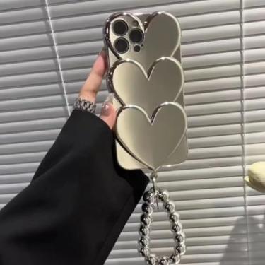 Imagem de Capa de coração de prata de luxo com pulseira de alças para iPhone 14 Pro Max 13 12 11 Capa macia estética estilosa e legal, kit de corrente de bola, para iPhone 12