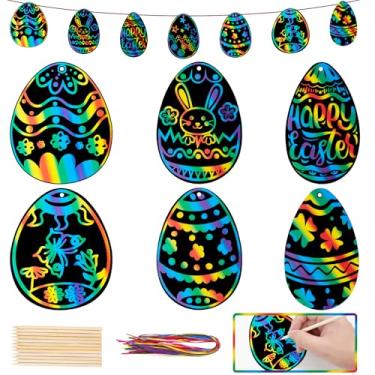 Imagem de GOMANCHE 48 peças de papel de arte de raspar de Páscoa, ovo de Páscoa, arco-íris, arranhão mágico, ornamentos de artesanato com bastão de madeira e fita para decorações de festa de Páscoa para
