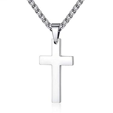 Imagem de Colar com pingente de cruz, corrente banhada a ouro 18 quilates, corrente de aço inoxidável, colar simples de cruz polida e sólida para homens e meninos Prata