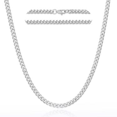 Imagem de ASDULL Colar de corrente cubana banhada a prata de 3,5 mm para homens e mulheres, corrente de aço inoxidável para homens e mulheres, corrente masculina 45 a 61 cm, 18, Aço inoxidável, Sem Pedra