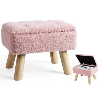 Imagem de OGEMXU Otomano de armazenamento, banquinho pequeno de armazenamento com pernas de madeira, descanso de pé retangular de veludo de pelúcia para cadeira, apoio de pé de esponja macia para sala de estar,