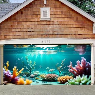 Imagem de Capa para porta de garagem Underwater World, decoração de banner, cenário de 2,4 x 4,9 m, grande, luzes de paisagem de aquário, coral, decoração de porta de garagem, tema submarino, festa de