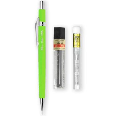 Imagem de Pentel Lapiseira automática P205-97C – faixa fluorescente – única + 12 pontas de refil HB de 0,5 mm de polímero alto + tubo de refil de borracha Z2-1N com 4 (verde fluorescente)