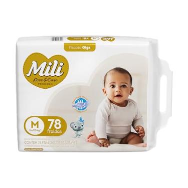 Imagem de Fralda Infantil Descartável Mili Love & Care Premium Rápida Absorção Tamanho M com 78 unidades - 6 Camadas de proteção, bebe sequinho e confortável por mais tempo, com toque macio e cobertura suave, abas elásticas ajustáveis e hipoalergênica.