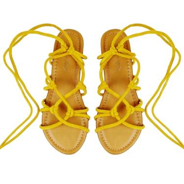 Imagem de Heltid Sandália feminina gladiadora com cadarço e bico aberto, sandália romana sem cadarço, Amarelo, 9
