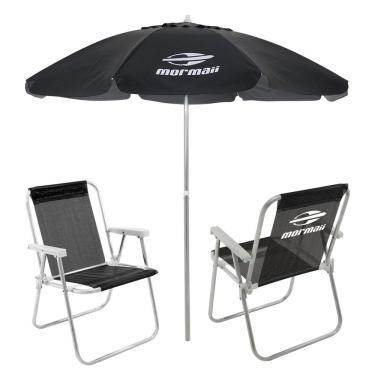 Imagem de Kit 2 Cadeiras Alta Alumínio + Guarda Sol Bagum 2,4m Preto Mormaii - Belfix