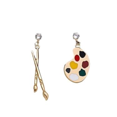 Imagem de Paleta de pintura artística e pincéis, brincos assimétricos, prancheta de desenho, joias para mulheres, presentes encantadores, dourado, brincos de cristal, 5,5 cm de comprimento, Medium, Acrílico,